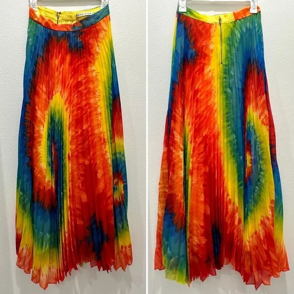 Alice + Olivia Rainbow Tie Dye Pleated Shannon Maxi Skirt - 0 - Picture 4 of 6